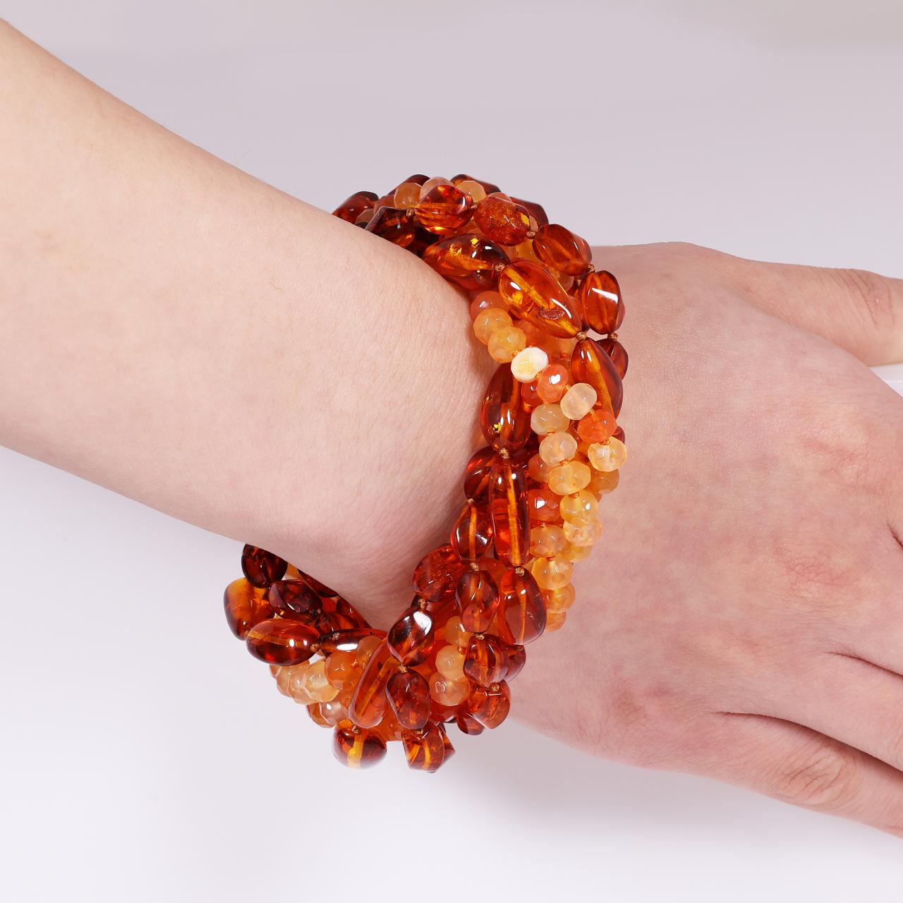 Amber and Chalcedony beaded bracelet from the Carmela Cerrone Collection on the wrist