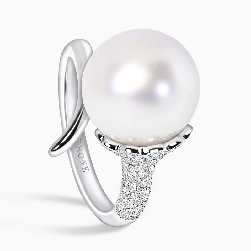 18ct white gold South Sea pearl and diamond ring side view