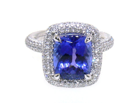 18ct white gold cushion cut Tanzanite and diamond ring