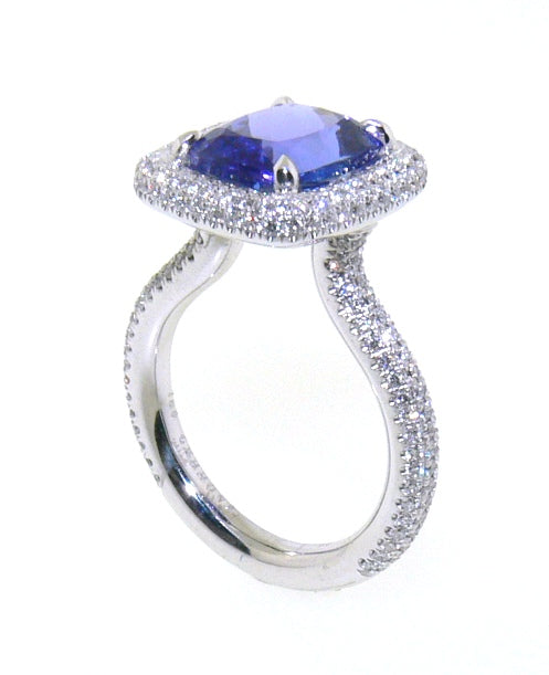 18ct white gold cushion cut Tanzanite and diamond ring side view