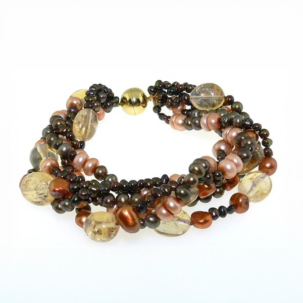 Brown, Orange and Bronze Fresh Water Pearl and Citrine Beaded bracelet