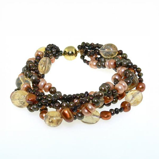 Brown, Orange and Bronze Fresh Water Pearl and Citrine Beaded bracelet