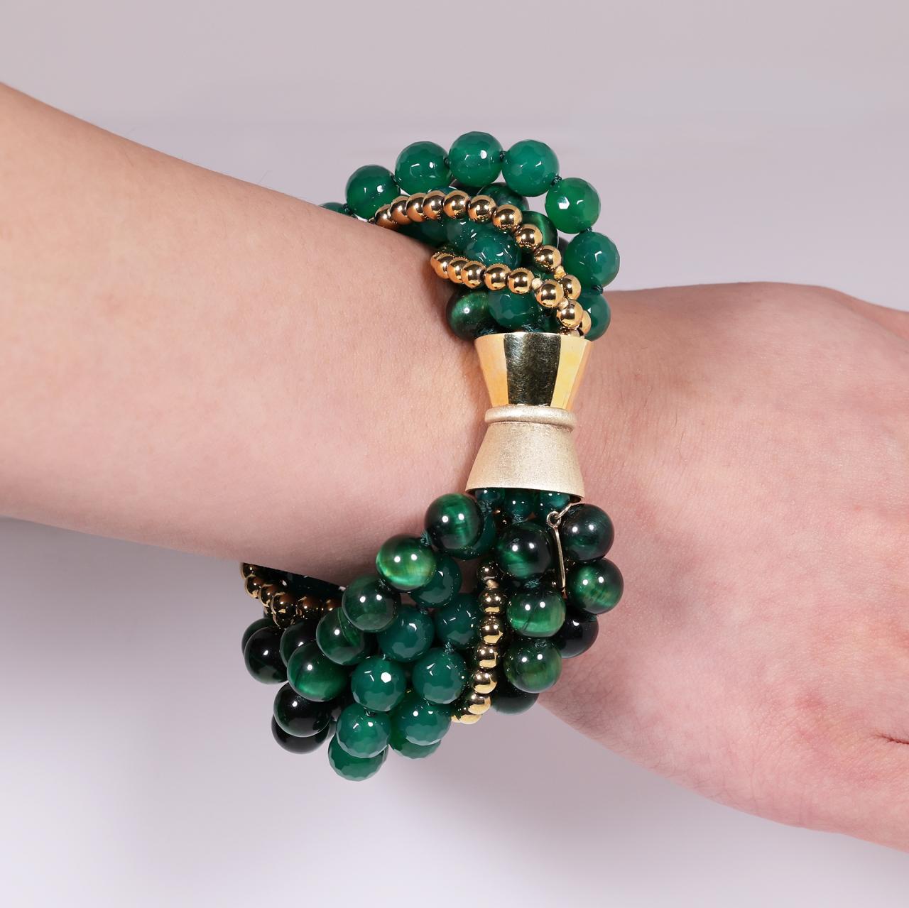 Green tiger eye, Hematite and Green Agate beaded bracelet on wrist