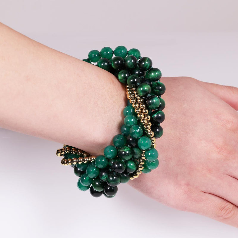 Green tiger eye, Hematite and Green Agate beaded bracelet on wrist