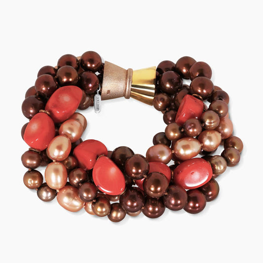 Bronze and brown Fresh water Pearls, Dyed Coral and gold plated rondells beaded bracelet
