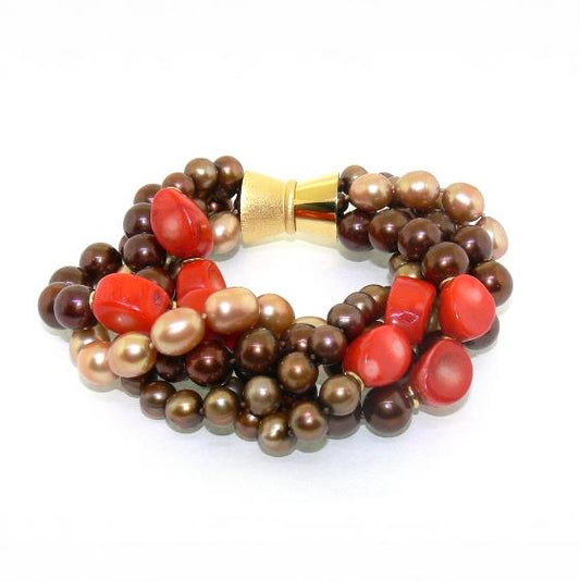 Bronze and brown Fresh water Pearls, Dyed Coral and gold plated rondells beaded bracelet