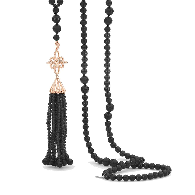 Onyx beads and rose gold plated silver cubic zirconia and onyx tassel pendant