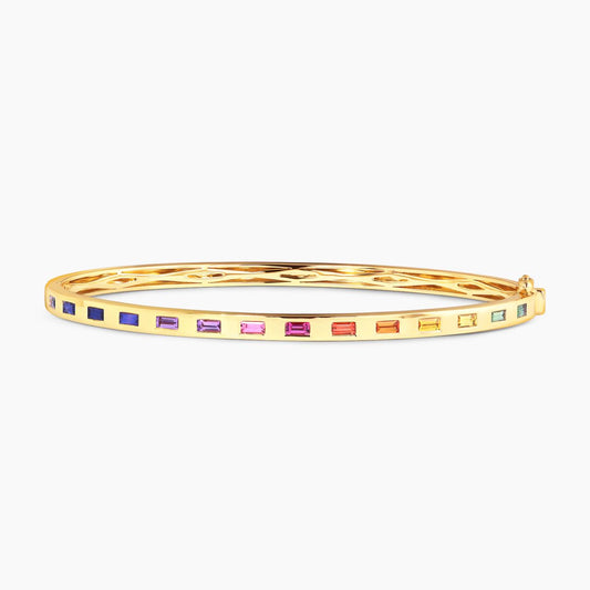 18ct yellow gold multi colour sapphire drop set hinged bangle