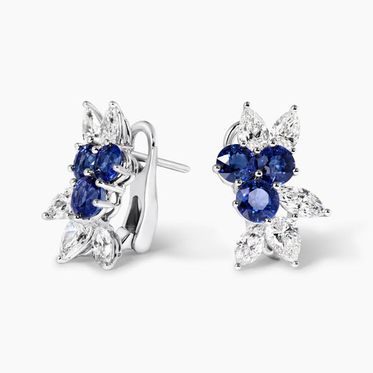 18ct white gold blue sapphire & pear, marquise shaped diamonds claw set earrings