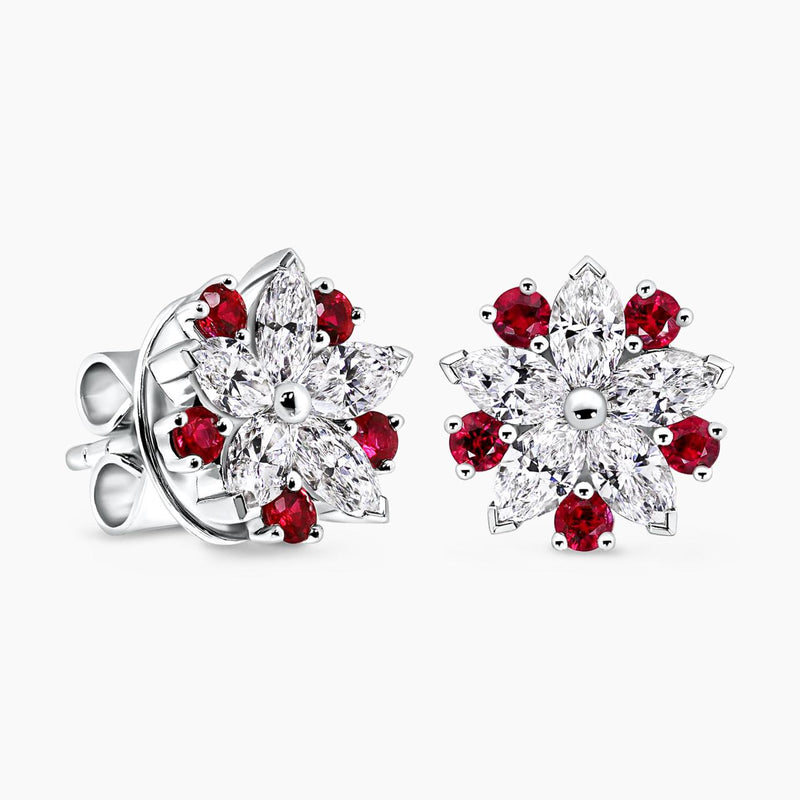 18ct white gold ruby & marquise shape diamond claw set stud earrings