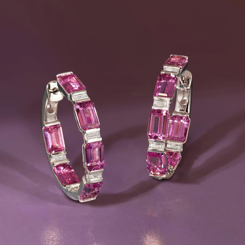 18ct white gold pink sapphire and baguette cut diamonds hoop earrings