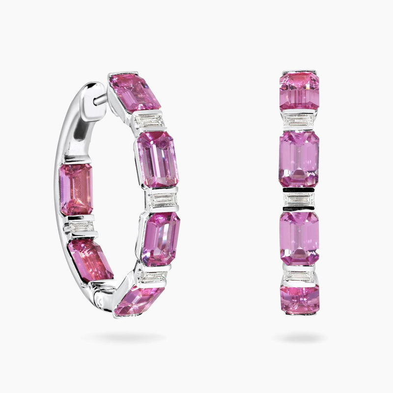 18ct white gold pink sapphire and baguette cut diamonds hoop earrings