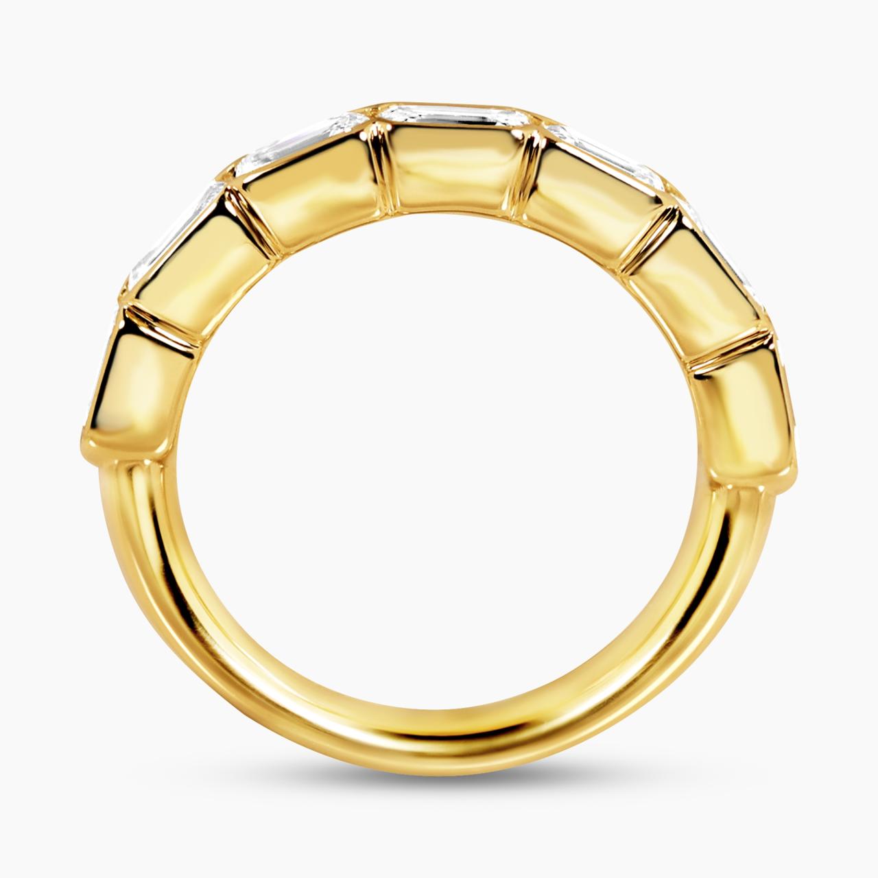 18ct yellow gold emerald cut diamonds ring in a half bezel setting side view