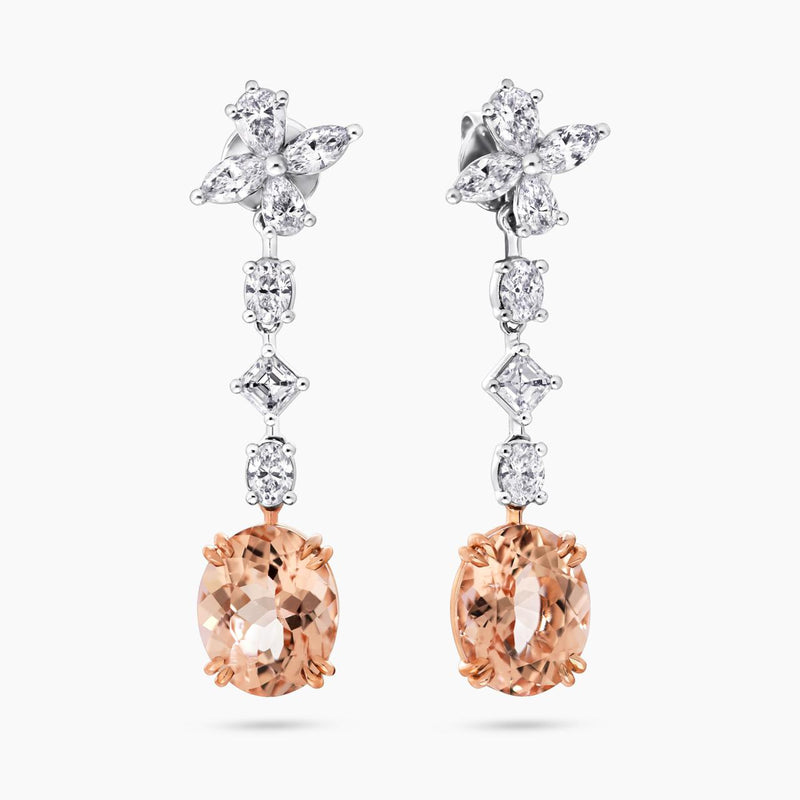 18ct white and rose gold morganite and marquise, oval, asscher and pear shaped diamonds drop earrings