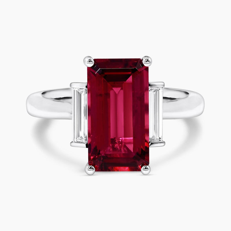 18ct white gold emerald cut rubelite and baguette diamonds ring