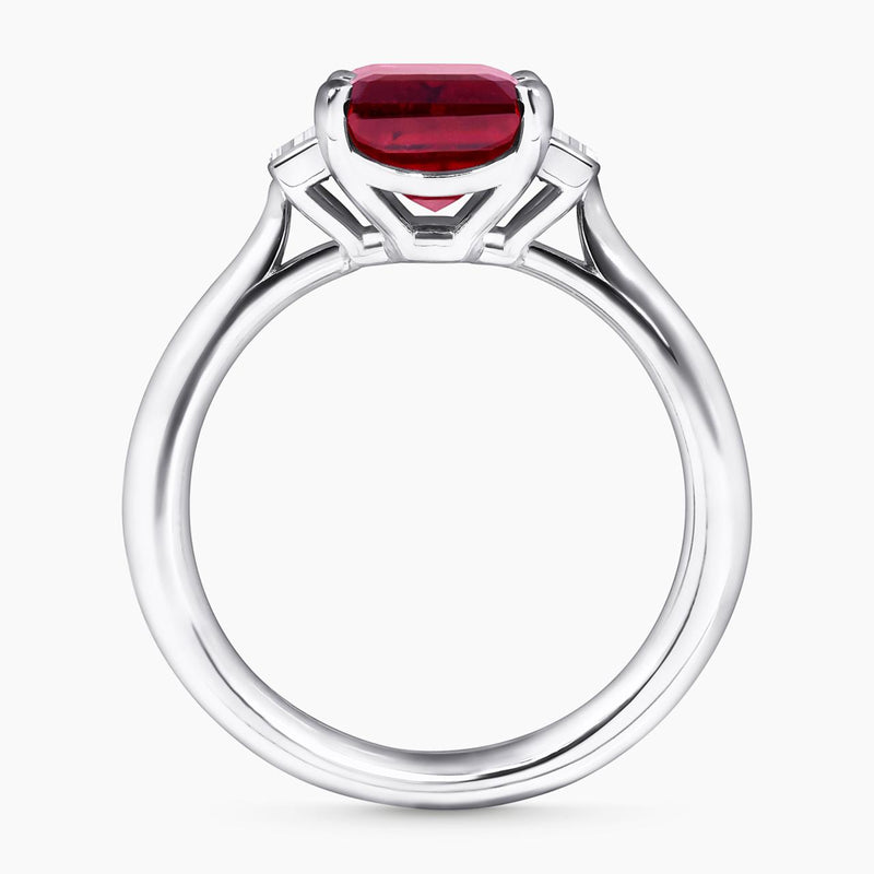 18ct white gold emerald cut rubelite and baguette diamonds ring side profile