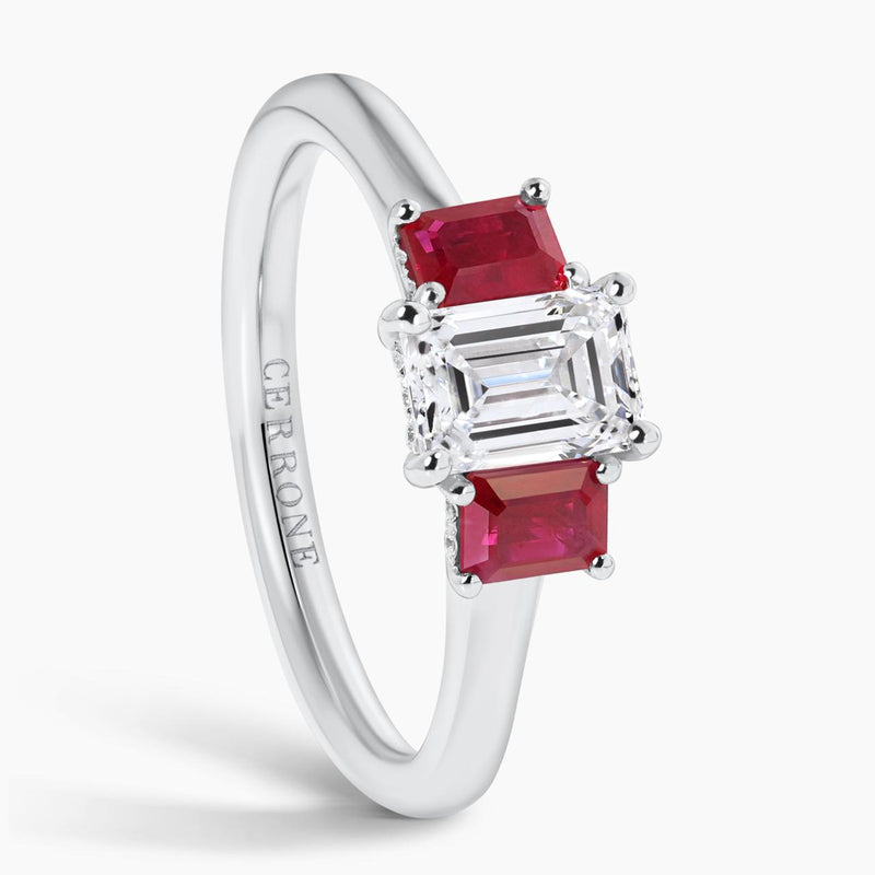 18ct white gold emerald cut diamond and emerald cut ruby ring side view