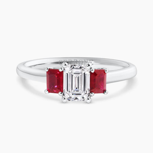 18ct white gold  0.80ct emerald cut diamond and emerald cut ruby ring