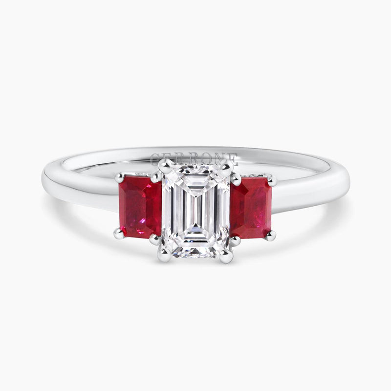 18ct white gold emerald cut diamond and emerald cut ruby ring