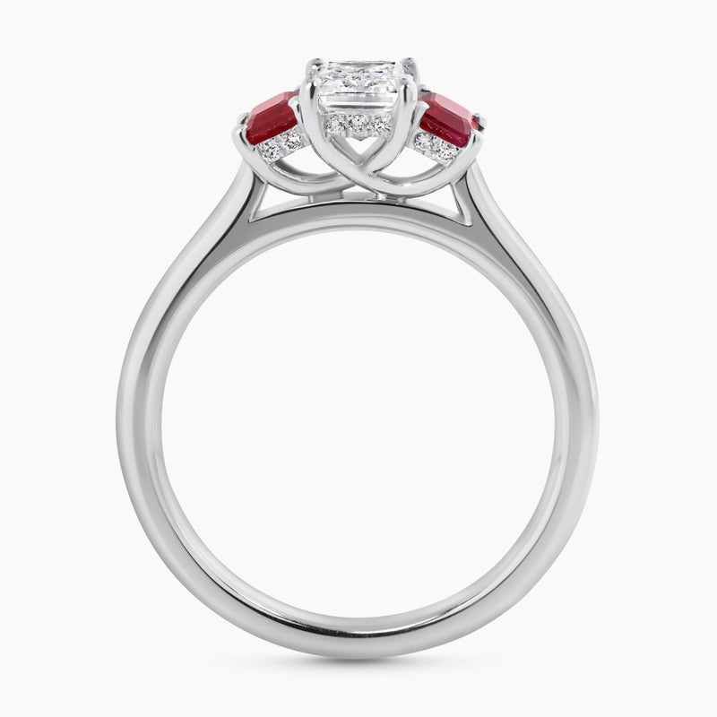 18ct white gold emerald cut diamond and emerald cut ruby ring side profile
