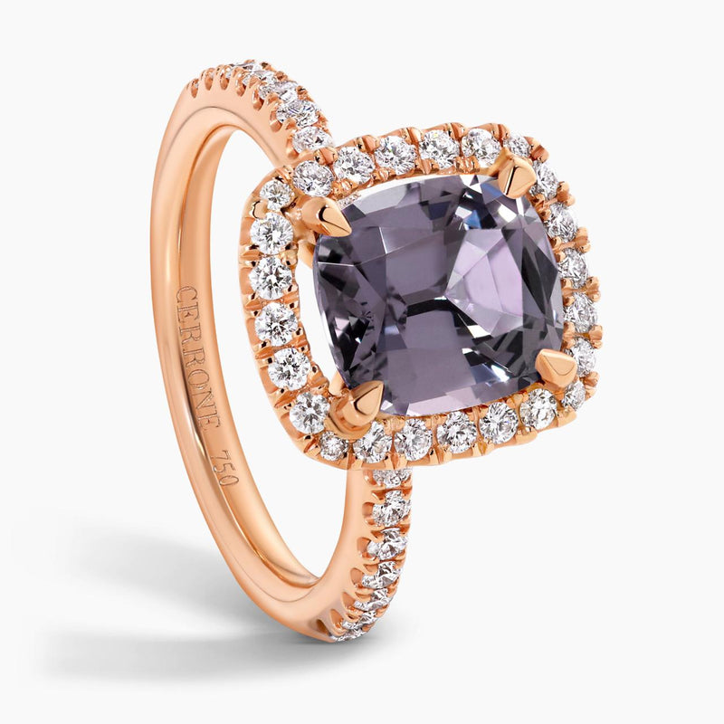 18ct rose gold cushion cut grey spinel and diamond ring side view