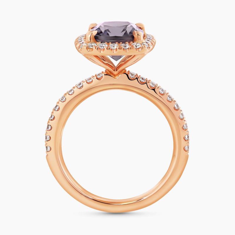 18ct rose gold cushion cut grey spinel and diamond ring side profile