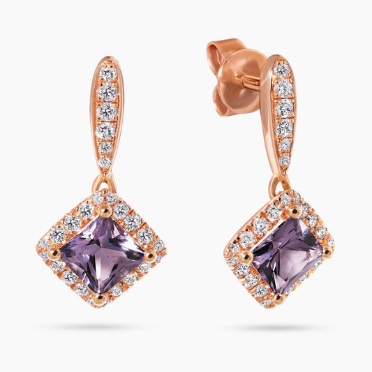 18ct rose gold princess cut grey spinels and diamond drop earrings