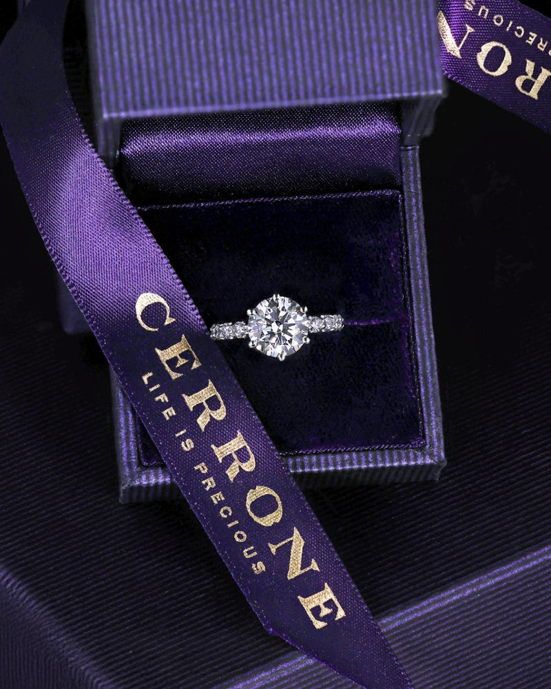 18ct white gold round brilliant cut lab grown diamond engagement ring photographed in the box