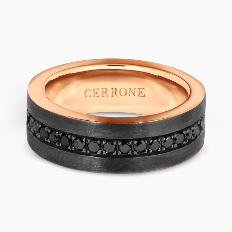 18ct rose gold black diamond rhodium plated mens ring