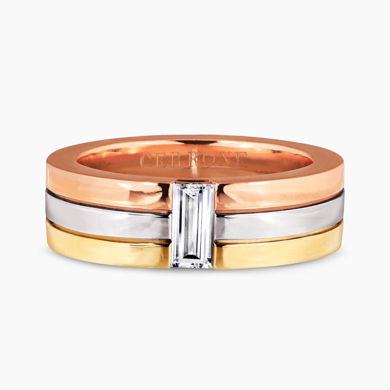 18ct three tone baguette cut lab grown mens diamond ring