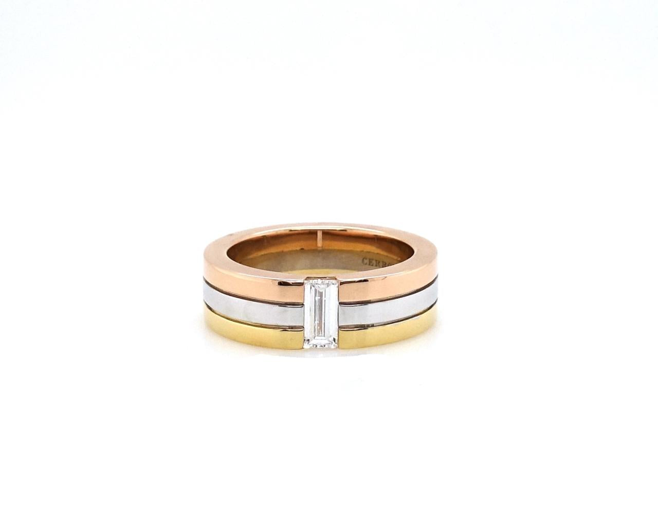 18ct three tone 0.52ct baguette cut lab grown diamond ring