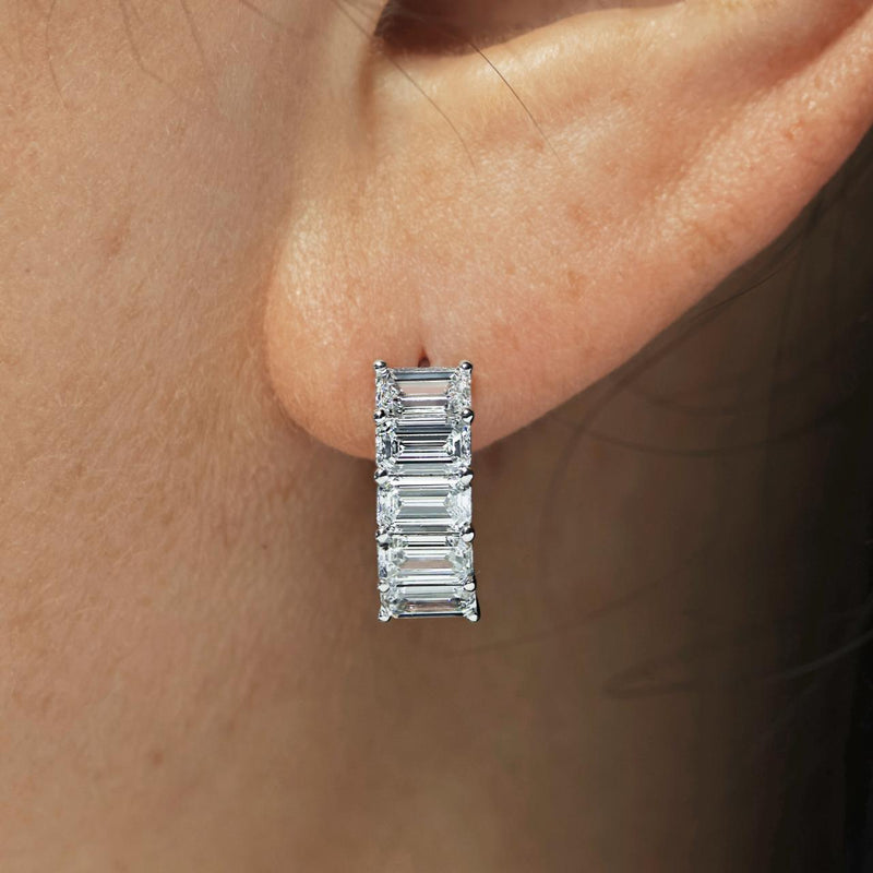 18ct white gold 3.07ct LAB Grown emerald cut diamonds hinged hoop earrings on ear