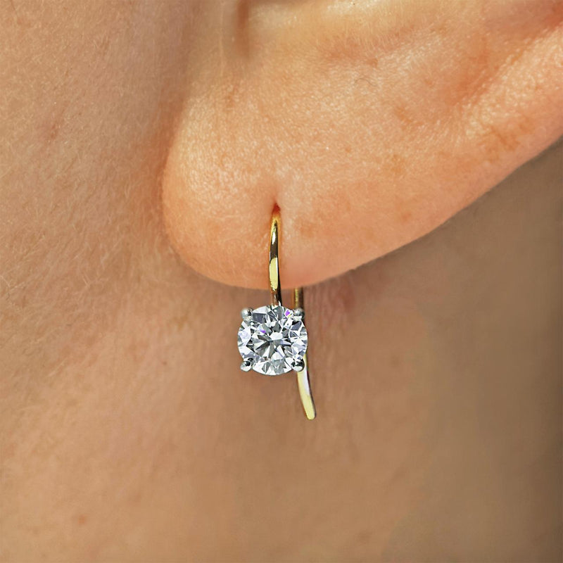 18ct yellow and white gold round brilliant cut LAB Grown Diamond hook earrings on ear