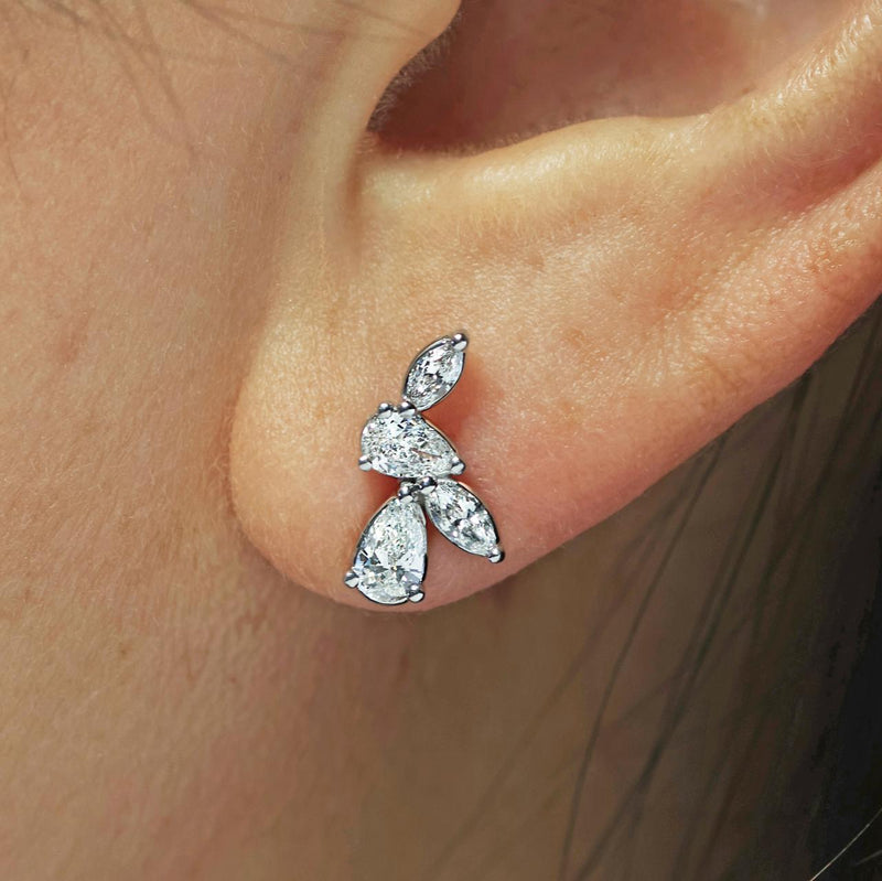 18ct white gold marquise and pear shaped LAB Grown Diamonds stud earrings on ear