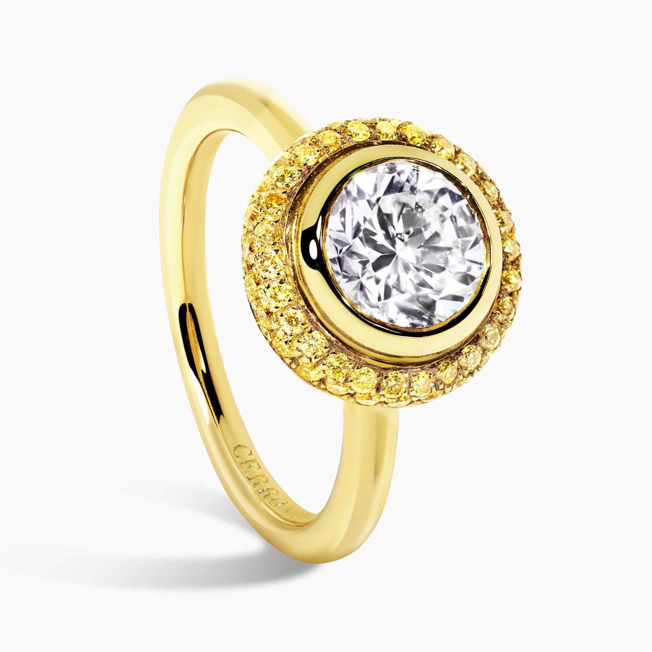 18ct yellow gold 1.59ct white and vivid yellow round brilliant cut diamonds halo ring
