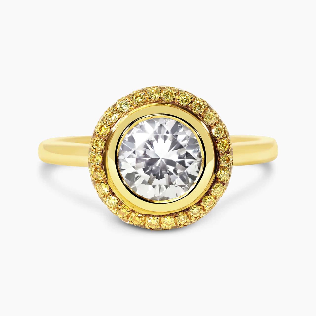 18ct yellow gold 1.59ct white and vivid yellow round brilliant cut diamonds halo ring