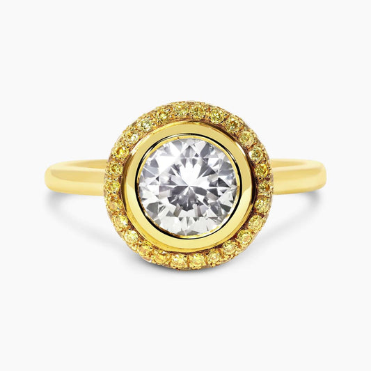 18ct yellow gold 1.59ct white and vivid yellow round brilliant cut diamonds halo ring