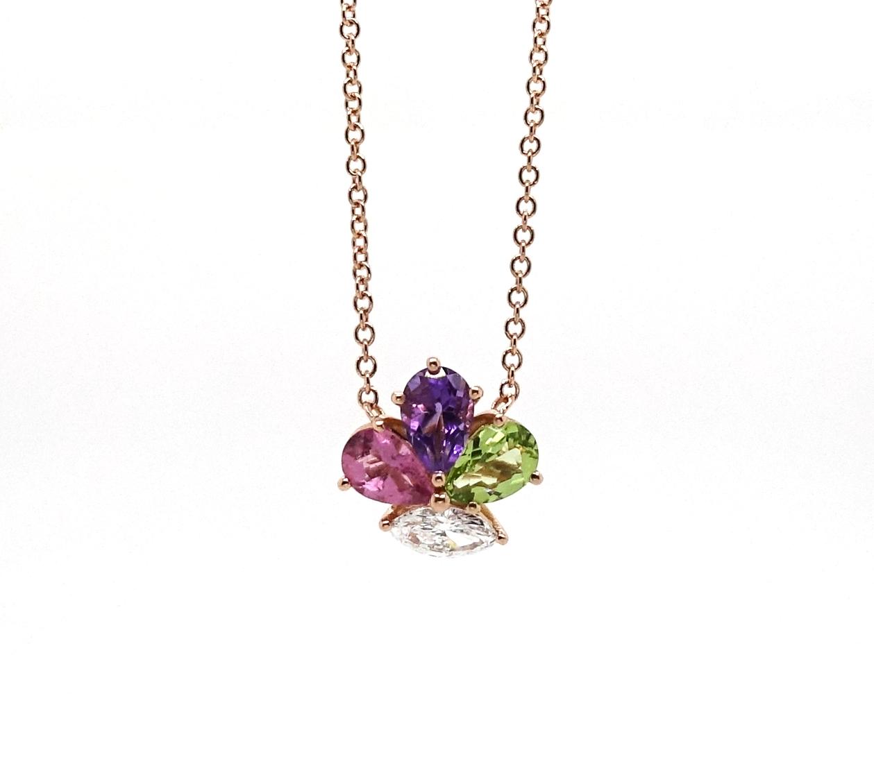 18ct rose gold marquise cut diamond and pear shape peridot, amethyst and pink topaz necklace