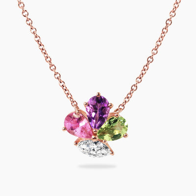 18ct rose gold marquise cut diamond and pear shape peridot, amethyst and pink topaz necklace
