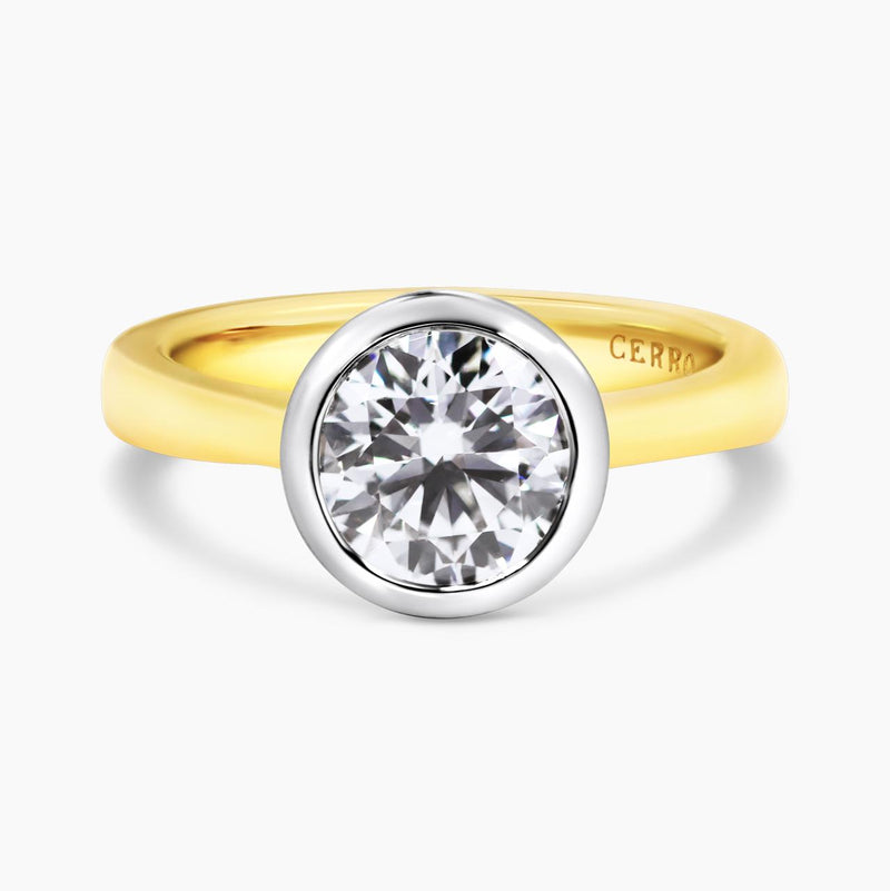 18ct yellow and white gold round brilliant cut laboratory grown diamond bezel set ring
