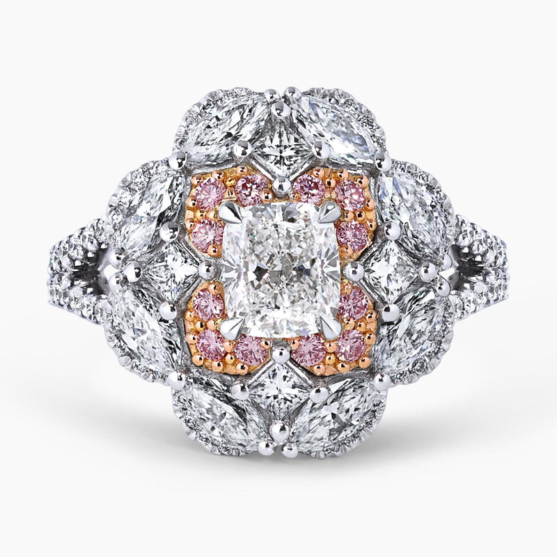 FIORELLA - 18ct white gold cushion, marquise and princess cut diamond engagement ring with round Argyle Pink diamonds
