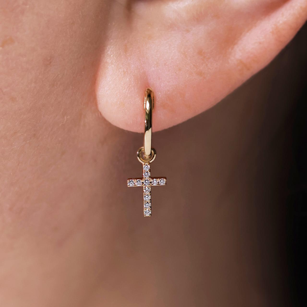 18ct yellow gold hoop earrings with diamond set crosses
