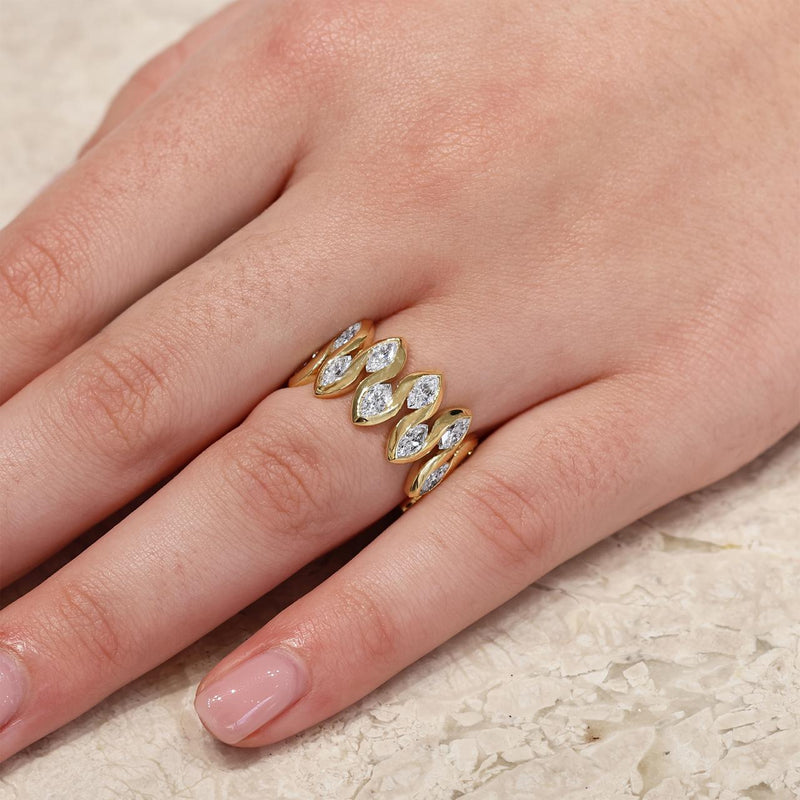 18ct yellow gold full circle marquise cut diamond ring on the finger