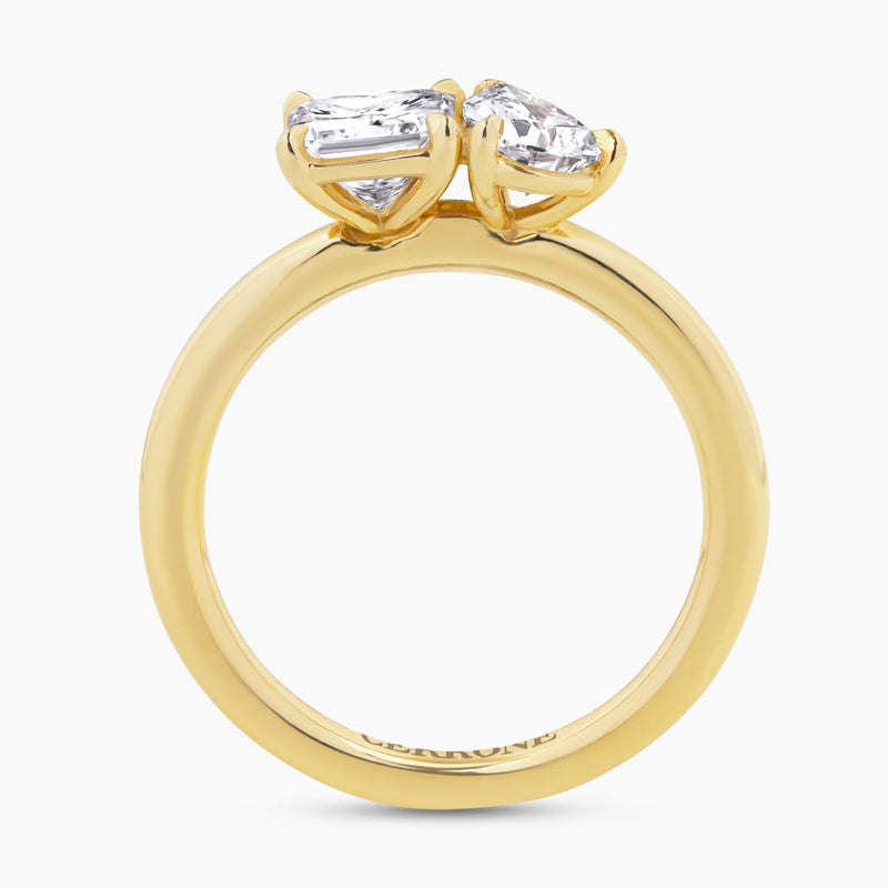 18ct yellow gold square radiant cut and pear shaped diamond engagement ring side profile