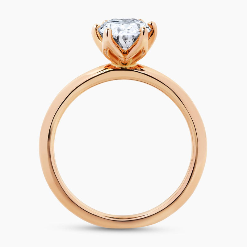 18ct rose gold oval cut LAB Grown diamond solitaire ring in a six claw setting side profile