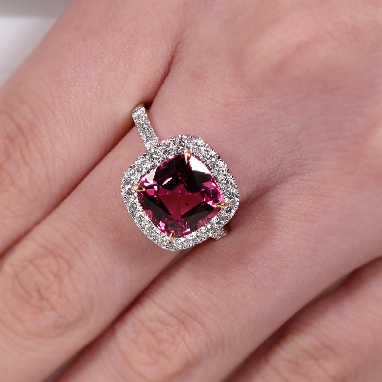 18ct white and rose gold 4.80ct cushion garnet and diamond ring