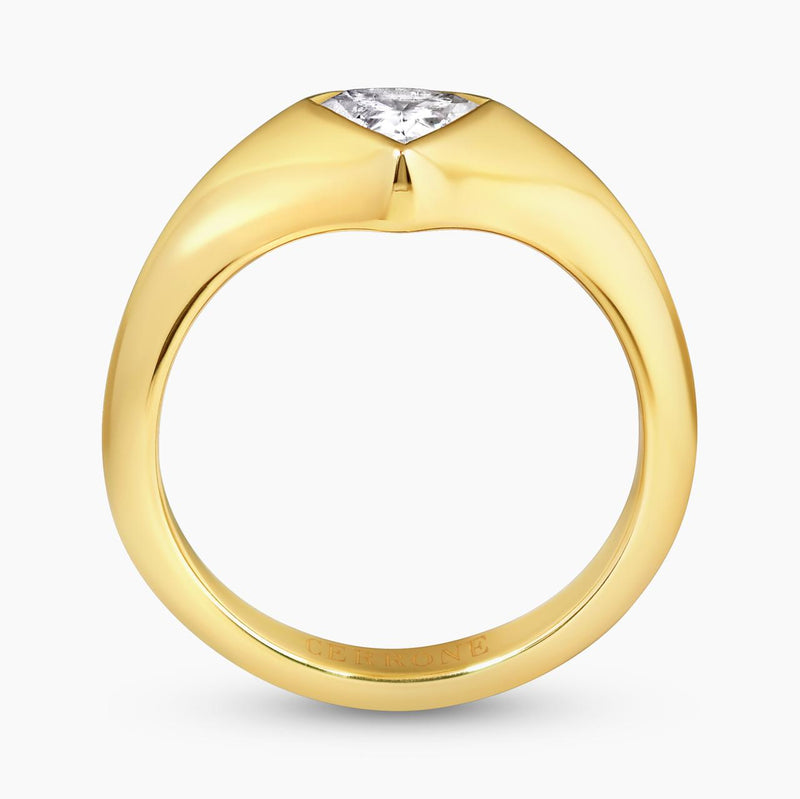 18ct yellow gold trilliant cut diamond ring in a bezel setting side profile