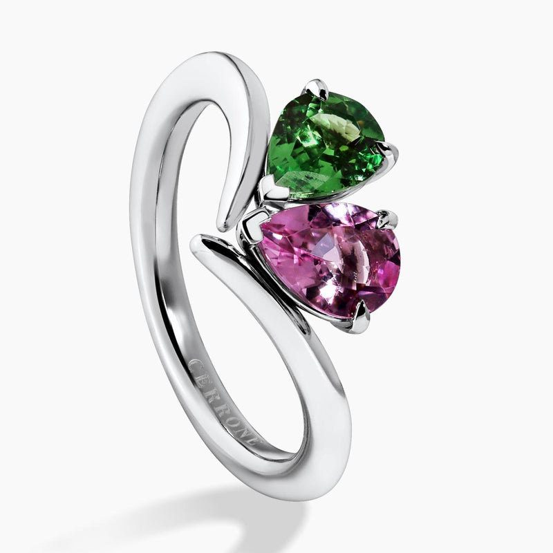 18ct white gold pear shaped garnet and morganite ring side profile