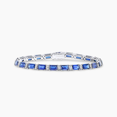 18ct white gold Madagascan emerald cut blue sapphire and emerald cut diamond bracelet