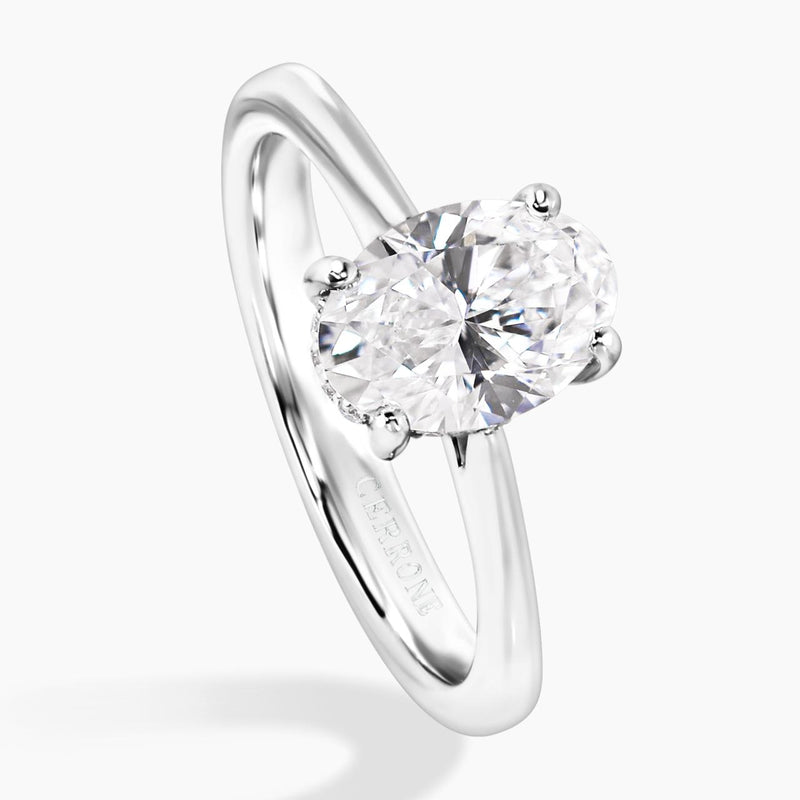 18ct white gold oval LAB Grown diamond ring with hidden halo side angle